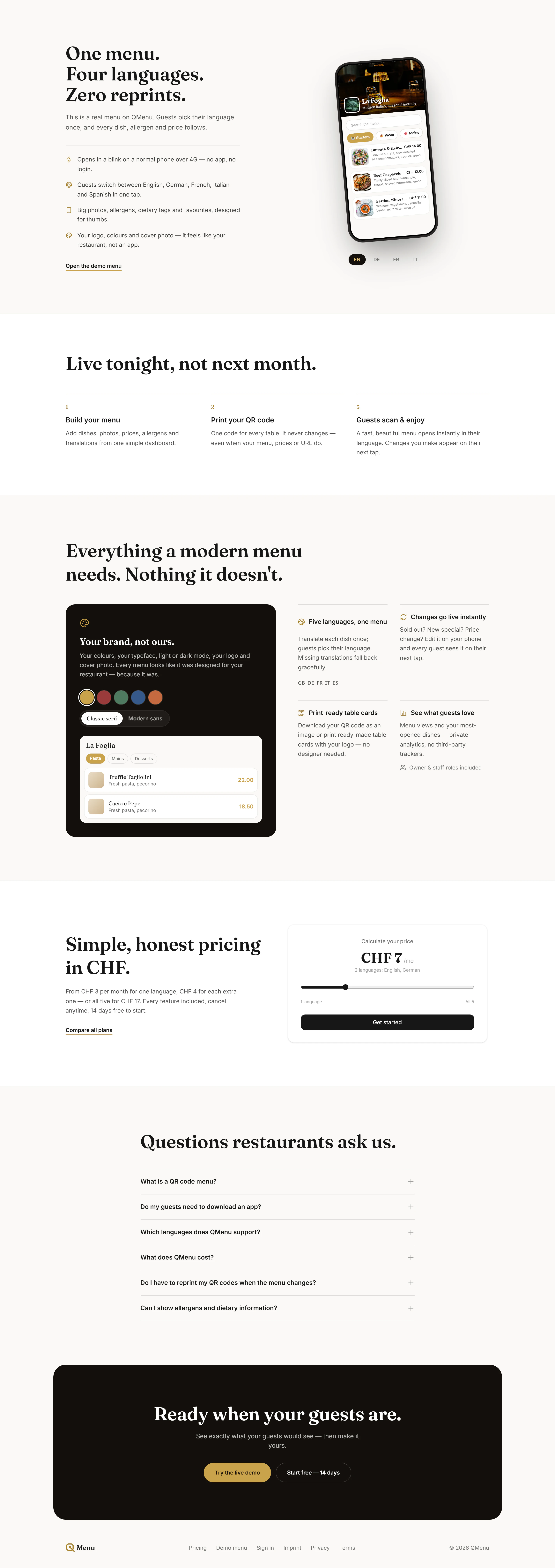 QMenu website on desktop